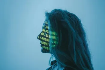 An artistic representation of artificial intelligence with binary code projected onto a woman's face.