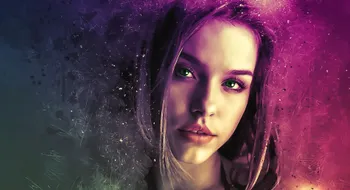 A stylized digital portrait shows a woman with vibrant green eyes against a colorful and abstract purple background.