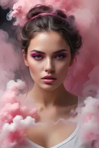 An AI-generated woman with pink makeup and pink smoke, representing the creative potential of AI.
