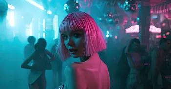 A vibrant, futuristic woman in a neon-lit setting, showcasing the fantasy and roleplay potential of Kupid AI.