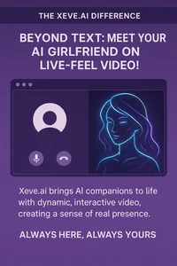 An advertisement for Xeve.ai showing an AI girlfriend on a video call, promoting interactive AI companionship.