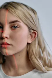 A portrait of a woman with digital lines projected on her face, representing AI companionship.