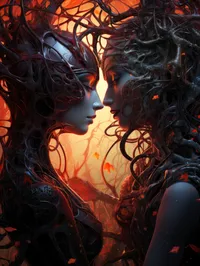 Two fantasy-style characters in a loving embrace, representing intense and immediate fantasy.