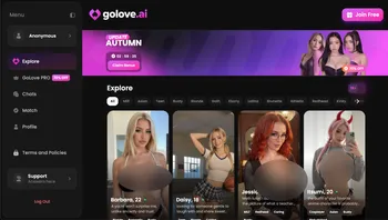 A screenshot of the Golove.ai website interface showing various AI female characters to chat with.