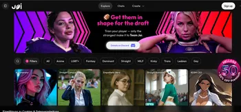 The homepage of Joi.com, showcasing a variety of AI characters for users to chat with.