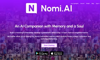 The homepage of Nomi.AI, showing a diverse group of AI avatars.