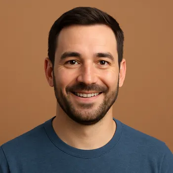 An AI-generated portrait of a smiling man, representing a custom-built AI character.