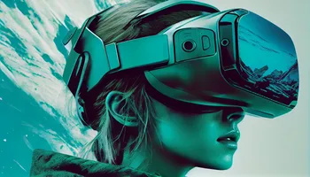 AI-generated image of a young woman in profile wearing a futuristic, teal-toned virtual reality headset, symbolizing the future of digital relationships.